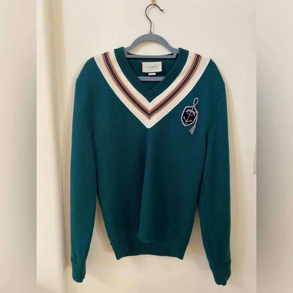 Gucci Forest Green Anchor Crest V Neck Wool Sweater Made Italy Varsity College